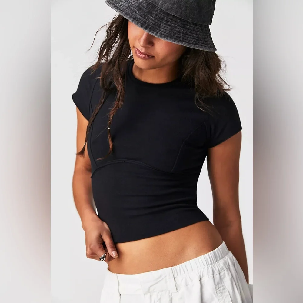 Free People Black Short Sleeve Fitted Crop Tee